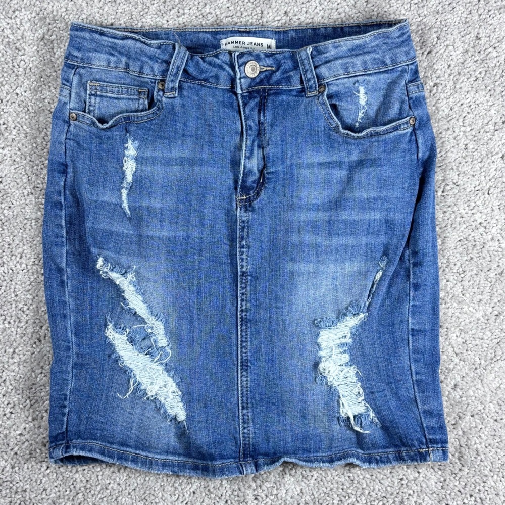 Hammer Jeans‎ Distressed Denim Mini Skirt Womens Medium Blue Jean Pencil